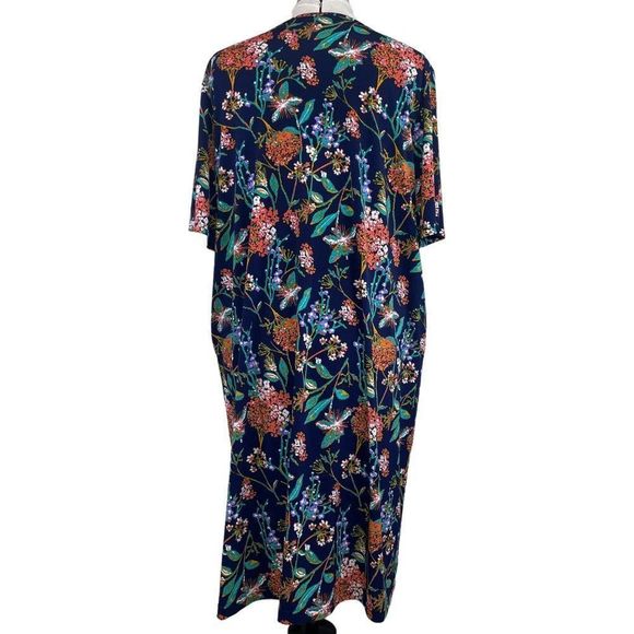 Ulla Popken Blue Orange Green Floral Short Sleeve Stretch Dress with Pockets 22 - Picture 2 of 6
